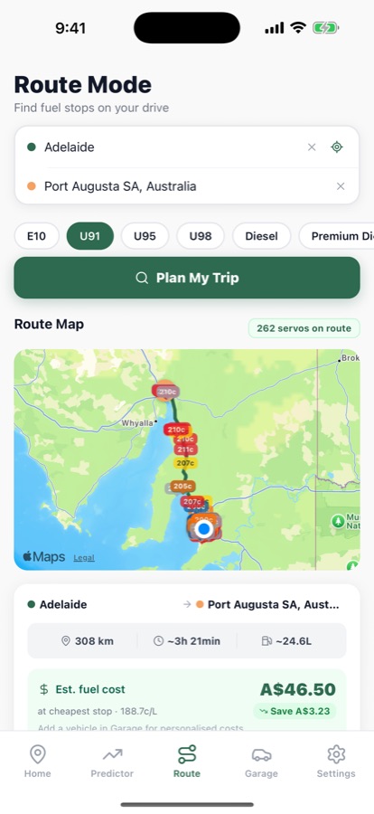 Route planning from Adelaide to Port Augusta with the best fuel stop marked