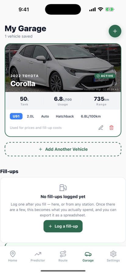 The garage screen showing a saved car with its tank size, usage and range